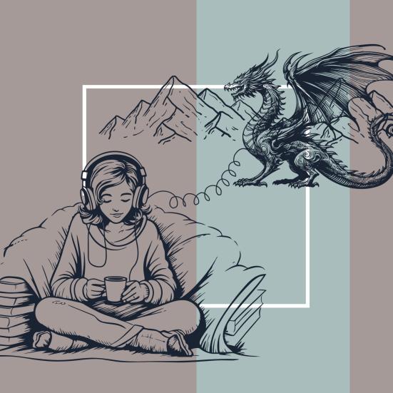 pige, der lytter lydbog, og en ledning, der leder fra hørebøfferne til en stor drage