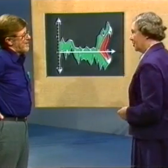 Ældre tv-klip med to personer, der taler foran en grafisk illustration.