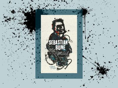 Bogcoveret "Min familie" af Sebastian Bune på grafisk baggrund med blækstænk.