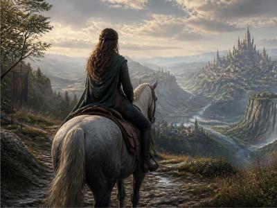 AI-genereret illustration af en kvinde på en hest med ryggen til, mens hun kigger ud over et fantasylandskab